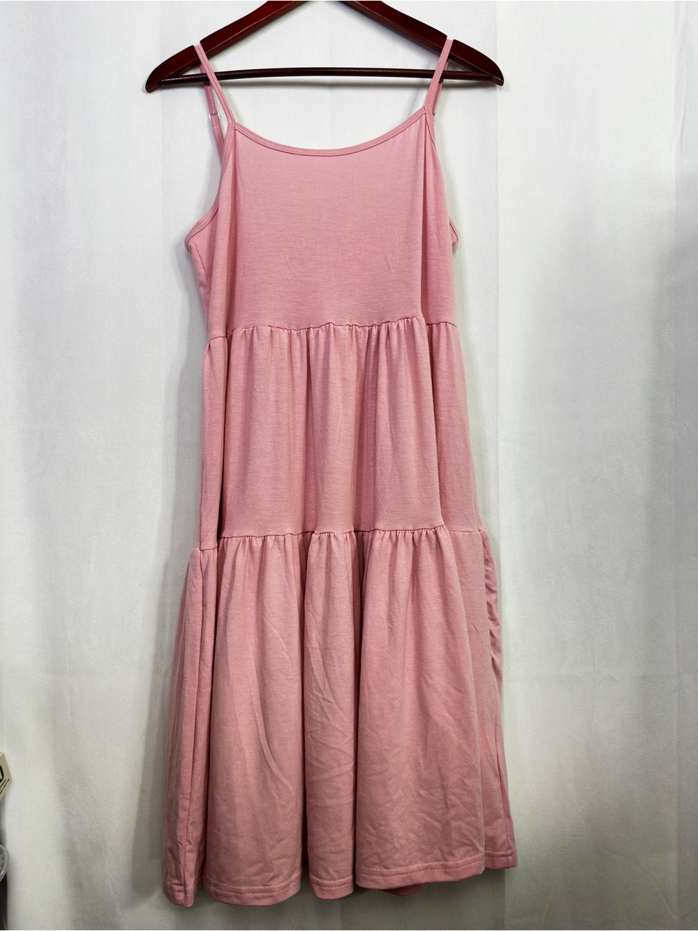 Ginkana Midi Dress Peplum Tiered Summer Spaghetti Strap Pink Stretch Playful